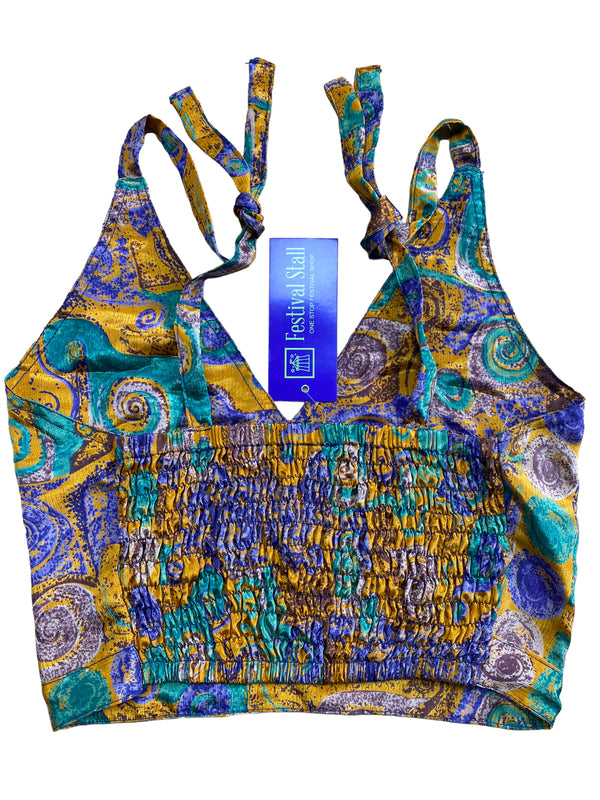 Festival Stall LTD Boho festival Clothing Pretty BLUE SILK Crop Top sexy Boho Hippy Festival summer sun vest UK 8 10 12