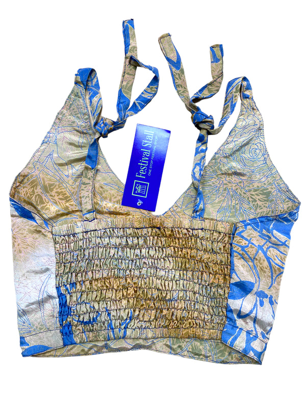 Festival Stall LTD Boho festival Clothing Pretty BLUE SILK Crop Top sexy Boho Hippy Festival summer sun vest UK 8 10 12