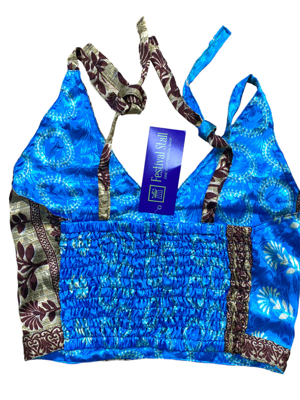 Festival Stall LTD Boho festival Clothing Pretty BLUE SILK Crop Top sexy Boho Hippy Festival summer sun vest UK 8 10 12
