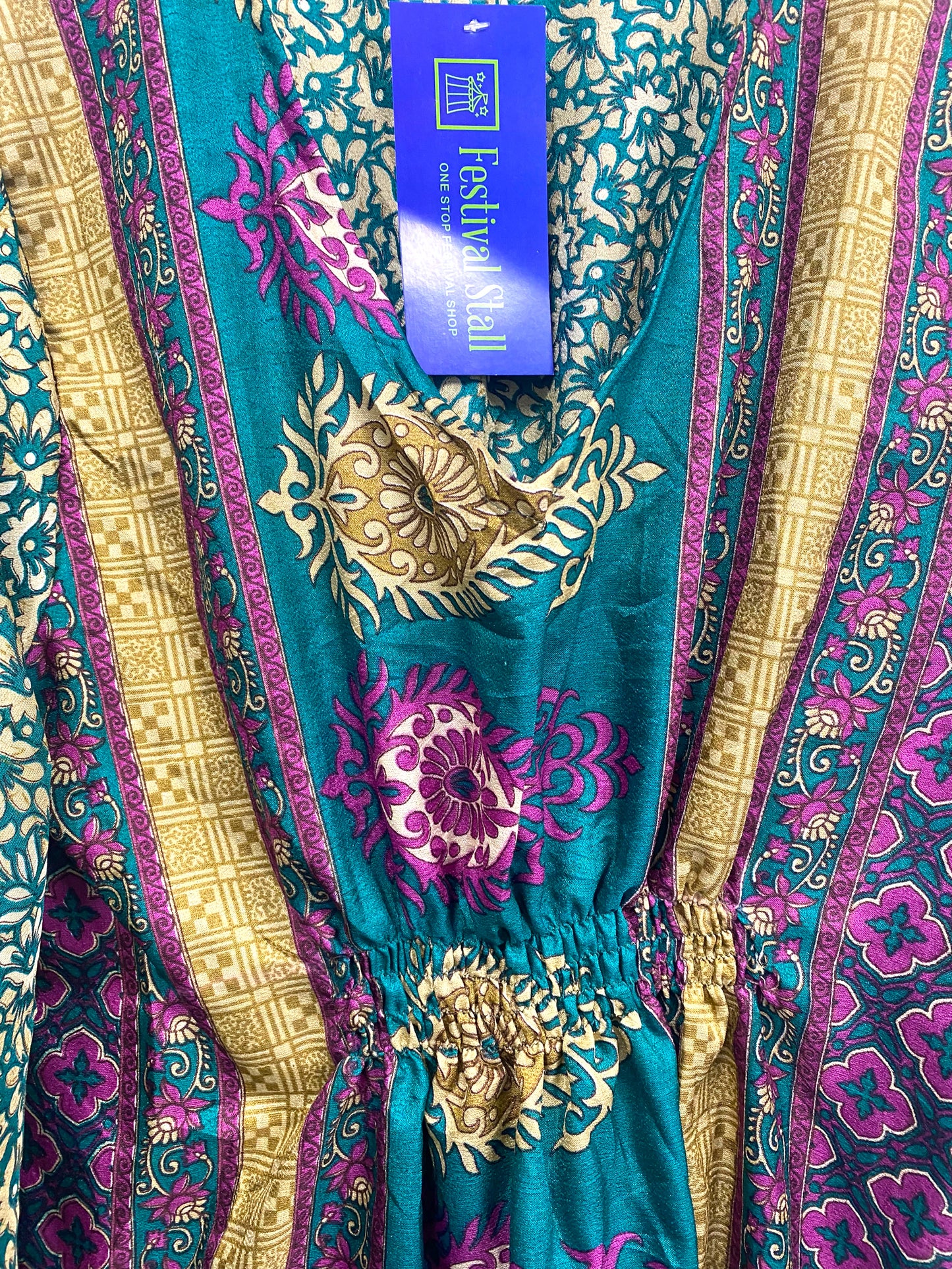 Kaftan tunic top blouse beach cover up short dress UK 12-18 recycled Sari Silk