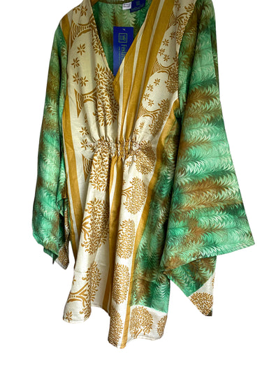 Festival Stall LTD Boho festival Clothing Kaftan tunic top blouse beach cover up short dress UK 12 - 18 recycled Sari Silk