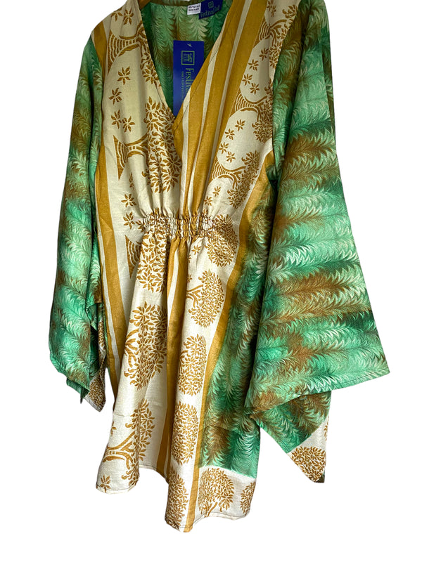 Festival Stall LTD Boho festival Clothing Kaftan tunic top blouse beach cover up short dress UK 12 - 18 recycled Sari Silk