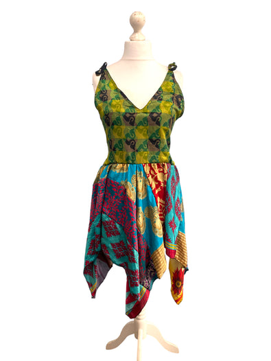 Festival Stall LTD Boho festival Clothing Summer Festival Dress patchwork hanky hem recycled Sari silk hippy pixie UK 8 - 12