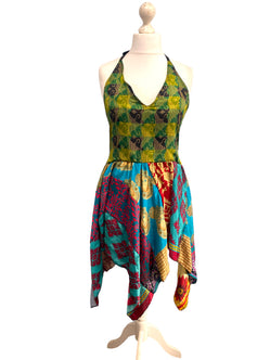Festival Stall LTD Boho festival Clothing Summer Festival Dress patchwork hanky hem recycled Sari silk hippy pixie UK 8 - 12