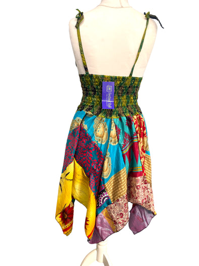 Festival Stall LTD Boho festival Clothing Summer Festival Dress patchwork hanky hem recycled Sari silk hippy pixie UK 8 - 12