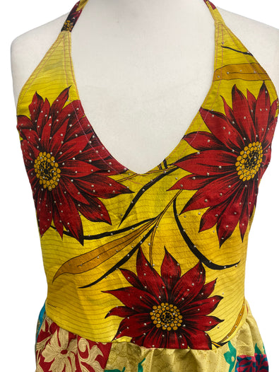 Summer Festival Dress patchwork hanky hem recycled Sari silk hippy pixie UK 8-12