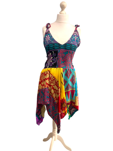 Festival Stall LTD Boho festival Clothing Summer Festival Dress patchwork hanky hem recycled Sari silk hippy pixie UK 8 - 12