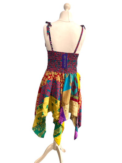 Festival Stall LTD Boho festival Clothing Summer Festival Dress patchwork hanky hem recycled Sari silk hippy pixie UK 8 - 12