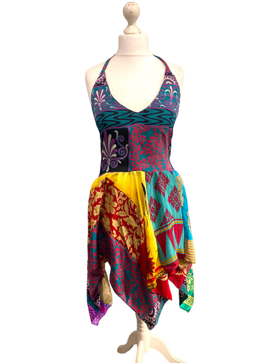 Festival Stall LTD Boho festival Clothing Summer Festival Dress patchwork hanky hem recycled Sari silk hippy pixie UK 8 - 12
