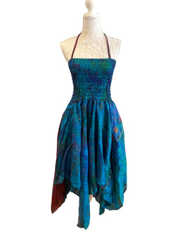 Festival Dress Sexy Boho Pixie SILK hanky hem BLUE & GREEN Hippy gypsy UK 8-14