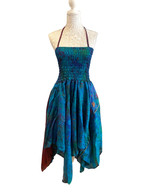 Festival Dress Sexy Boho Pixie SILK hanky hem BLUE & GREEN Hippy gypsy UK 8-14