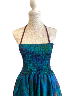 Festival Dress Sexy Boho Pixie SILK hanky hem BLUE & GREEN Hippy gypsy UK 8-14