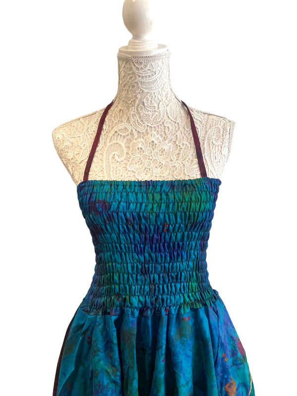 Festival Dress Sexy Boho Pixie SILK hanky hem BLUE & GREEN Hippy gypsy UK 8-14