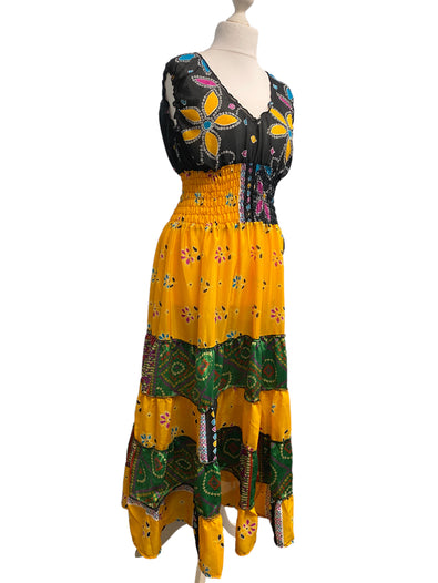 Festival Stall LTD Boho festival Clothing Long Summer Dress recycled Sari - Silk Boho Hippy Festival party outfit UK 8 - 12