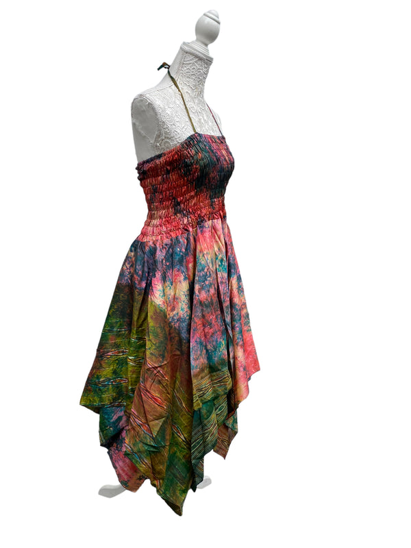 Festival summer Dress Sexy Boho Pixie SILK hanky hem Green Hippy gypsy sun 8-16