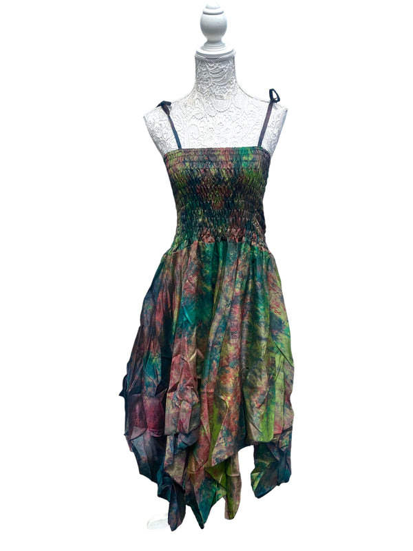 Festival summer Dress Sexy Boho Pixie SILK hanky hem GREEN gypsy sun 8-16