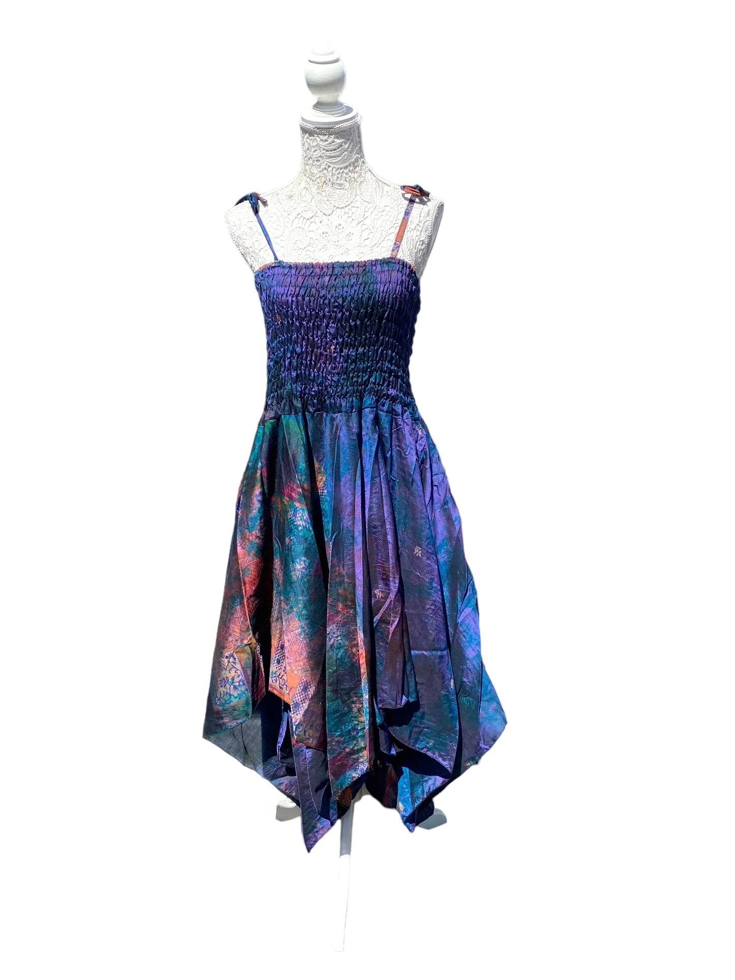 Festival summer Dress Sexy Boho Pixie SILK hanky hem GREEN gypsy sun 8-16