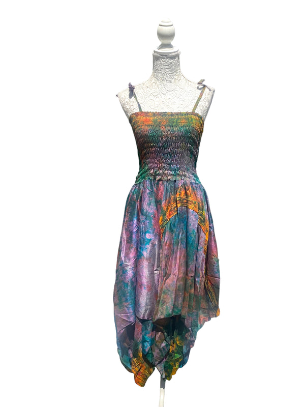 Festival summer Dress Sexy Boho Pixie SILK hanky hem RAINBOW gypsy sun 8-16