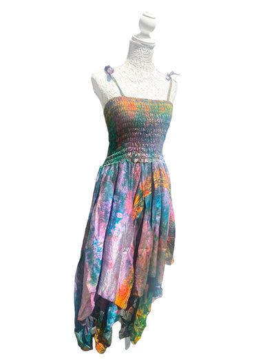 Festival summer Dress Sexy Boho Pixie SILK hanky hem RAINBOW gypsy sun 8-16