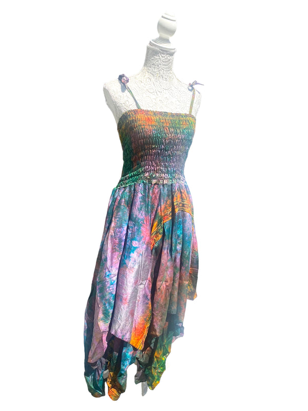 Festival summer Dress Sexy Boho Pixie SILK hanky hem RAINBOW gypsy sun 8-16