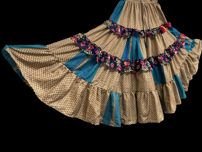 Festival Stall LTD Boho festival Clothing Blue Posie 25 yard circle SKIRT, Boho Gypsy Hippy Steampunk Festival party, Flamenco Belly Dance ATS Tribal fusion