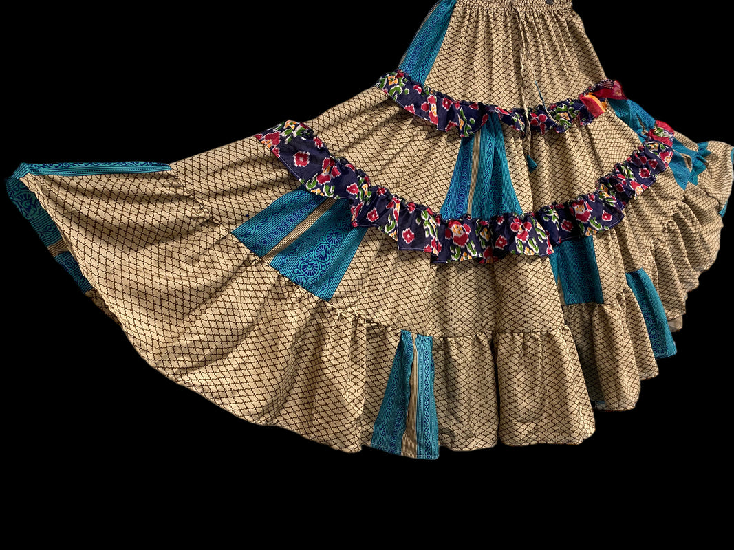 Festival Stall LTD Boho festival Clothing Blue Posie 25 yard circle SKIRT, Boho Gypsy Hippy Steampunk Festival party, Flamenco Belly Dance ATS Tribal fusion