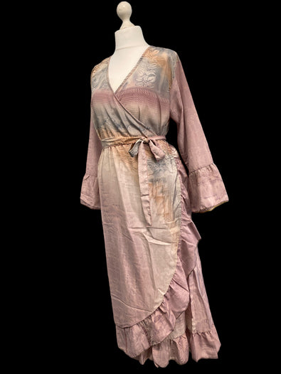 WRAP DRESS summer Vintage Flounced Sleeve Sari SILK Boho Hippy Festival UK 14-20
