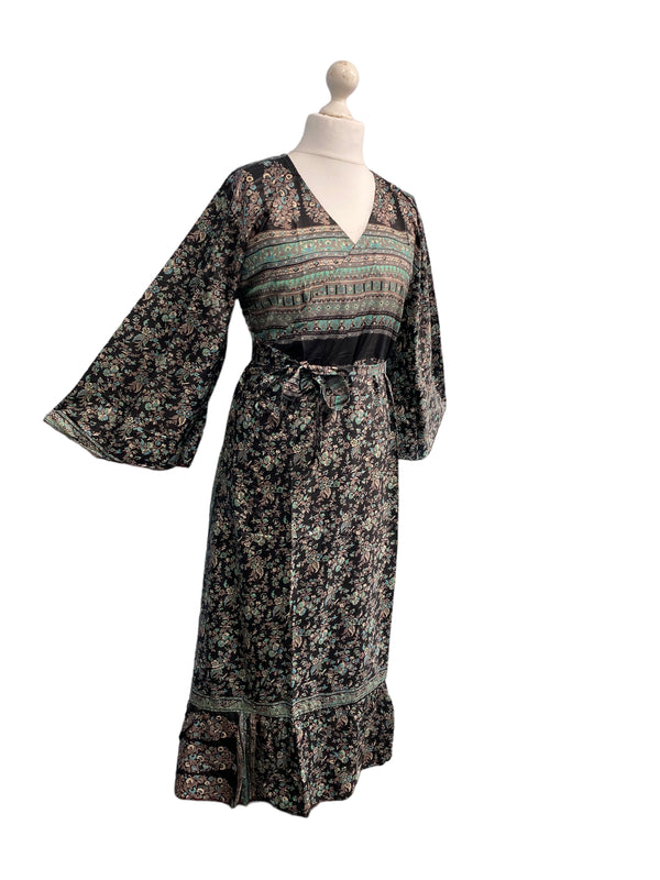 Festival Stall LTD Boho festival Clothing WRAP DRESS pretty Vintage Bell Sleeve Sari Silk Boho Hippy Festival party 14 - 20