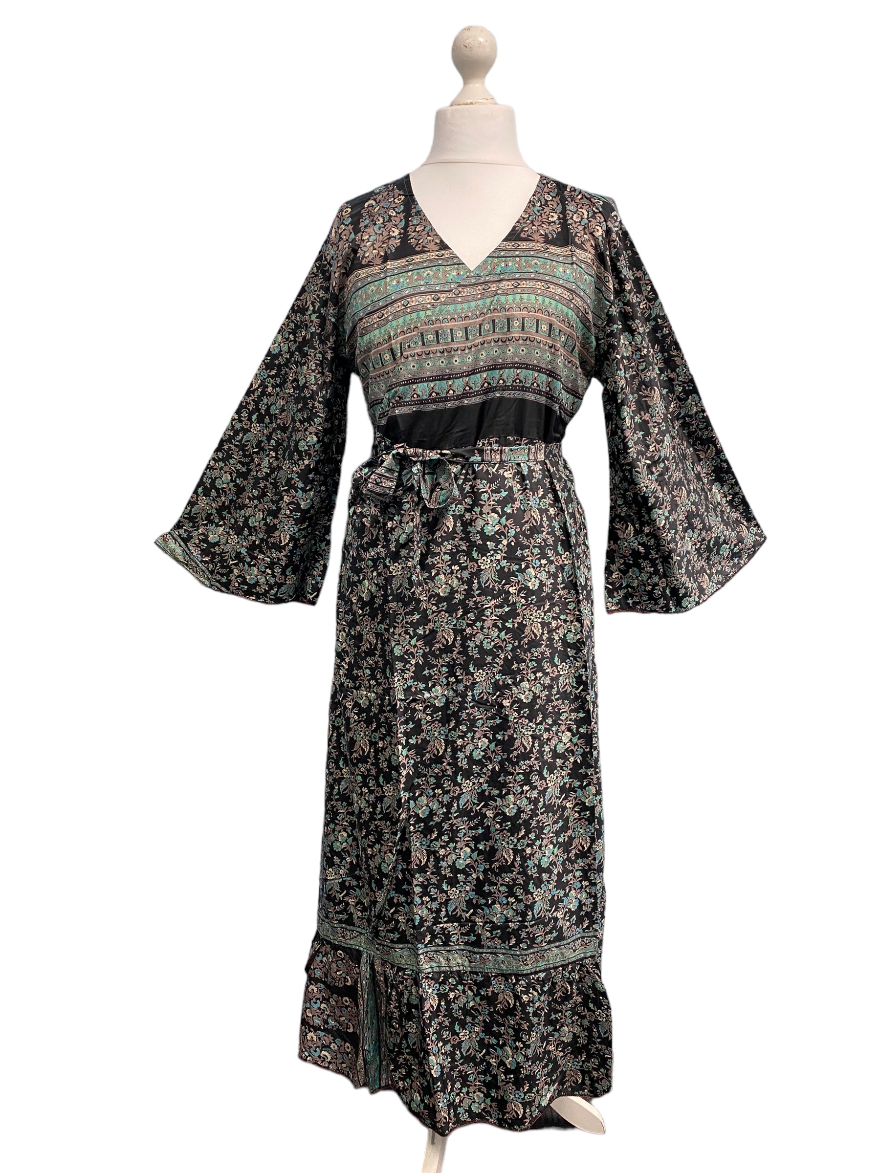 Festival Stall LTD Boho festival Clothing WRAP DRESS pretty Vintage Bell Sleeve Sari Silk Boho Hippy Festival party 14 - 20