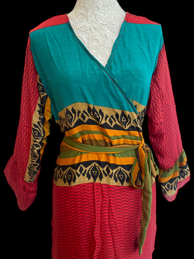 WRAP DRESS summer Vintage Flounced Sleeve Sari SILK Boho Hippy Festival UK 14-20
