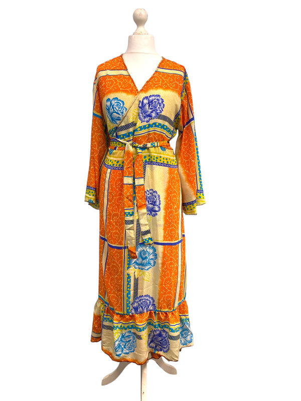 WRAP DRESS pretty Vintage Bell Sleeve Sari Silk Boho Hippy Festival party 14-20