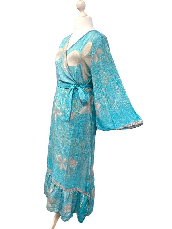 WRAP DRESS pretty Vintage Bell Sleeve Sari Silk Boho Hippy Festival party 14-20