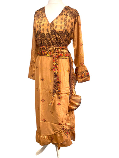 WRAP DRESS summer Vintage Flounced Sleeve Sari SILK Boho Hippy Festival UK 14-20