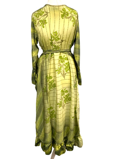 WRAP DRESS summer Vintage Flounced Sleeve Sari SILK Boho Hippy Festival UK 14-20