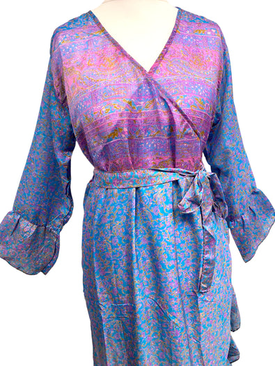 WRAP DRESS summer Vintage Flounced Sleeve Sari SILK Boho Hippy Festival UK 14-20