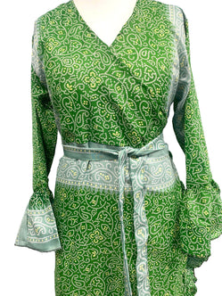 WRAP DRESS summer Vintage Flounced Sleeve Sari SILK Boho Hippy Festival UK 14-20