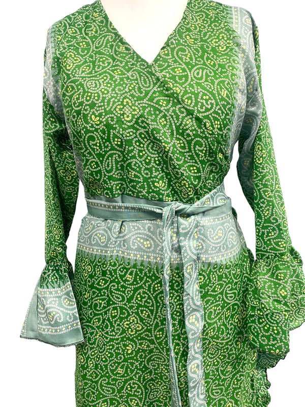 WRAP DRESS summer Vintage Flounced Sleeve Sari SILK Boho Hippy Festival UK 14-20