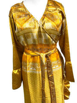WRAP DRESS summer Vintage Flounced Sleeve Sari SILK Boho Hippy Festival UK 14-20
