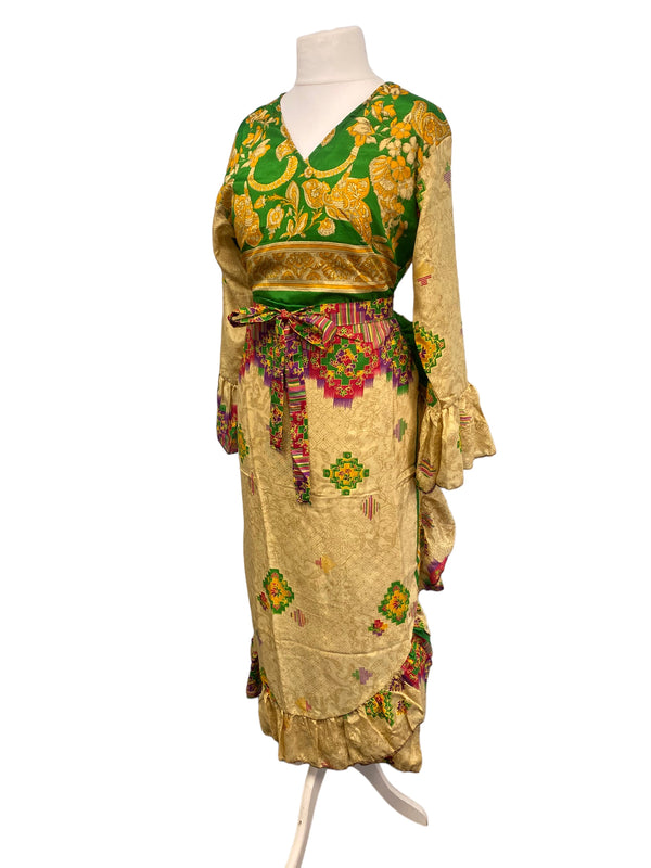 WRAP DRESS summer Vintage Flounced Sleeve Sari SILK Boho Hippy Festival UK 14-20