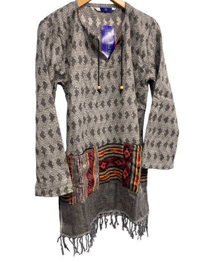 TUNIC JUMPER PULLOVER SWEATER Boho hippy GREY winter warm tassel top UK 12 14