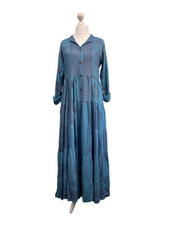 Festival Stall LTD Boho festival Clothing Slate Blue LONG Dress, Boho Hippy Festival style, print, Blue & red maxi UK 8 - 14 ONE SIZE