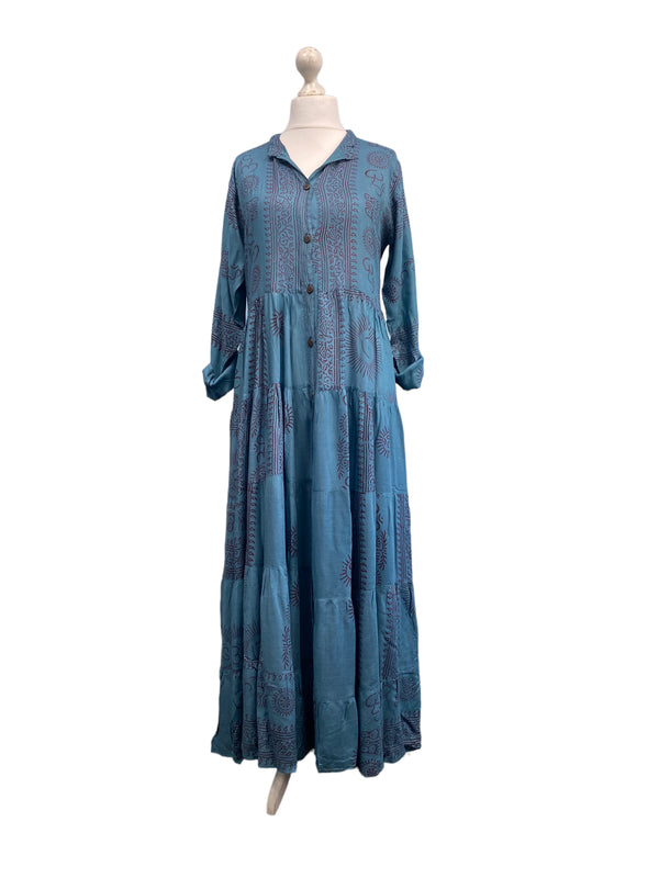 Festival Stall LTD Boho festival Clothing Slate Blue LONG Dress, Boho Hippy Festival style, print, Blue & red maxi UK 8 - 14 ONE SIZE
