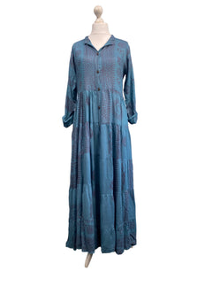 Festival Stall LTD Boho festival Clothing Slate Blue LONG Dress, Boho Hippy Festival style, print, Blue & red maxi UK 8 - 14 ONE SIZE