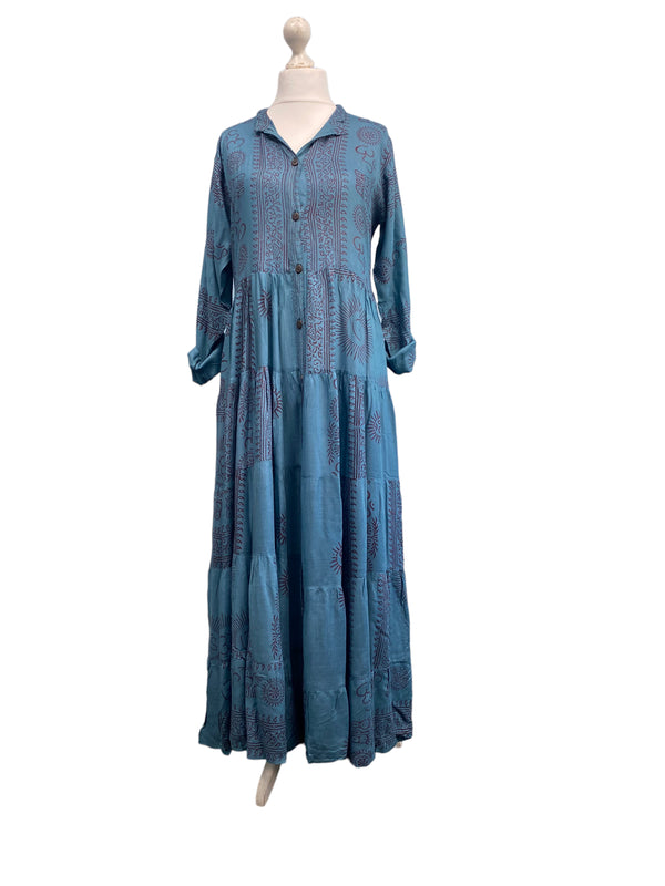 Festival Stall LTD Boho festival Clothing Slate Blue LONG Dress, Boho Hippy Festival style, print, Blue & red maxi UK 8 - 14 ONE SIZE