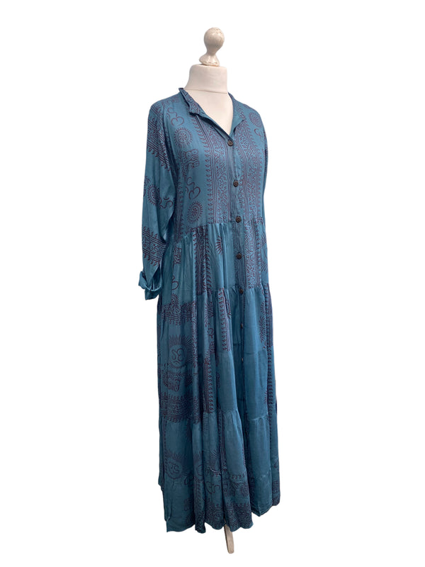 Festival Stall LTD Boho festival Clothing Slate Blue LONG Dress, Boho Hippy Festival style, print, Blue & red maxi UK 8 - 14 ONE SIZE