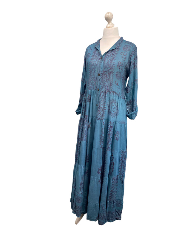 Festival Stall LTD Boho festival Clothing Slate Blue LONG Dress, Boho Hippy Festival style, print, Blue & red maxi UK 8 - 14 ONE SIZE