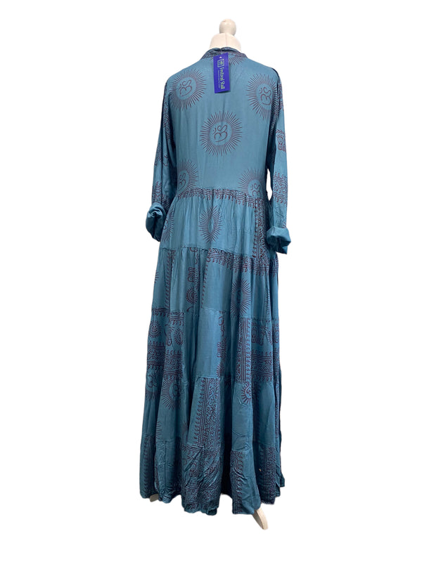Festival Stall LTD Boho festival Clothing Slate Blue LONG Dress, Boho Hippy Festival style, print, Blue & red maxi UK 8 - 14 ONE SIZE