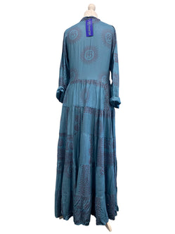 Festival Stall LTD Boho festival Clothing Slate Blue LONG Dress, Boho Hippy Festival style, print, Blue & red maxi UK 8 - 14 ONE SIZE