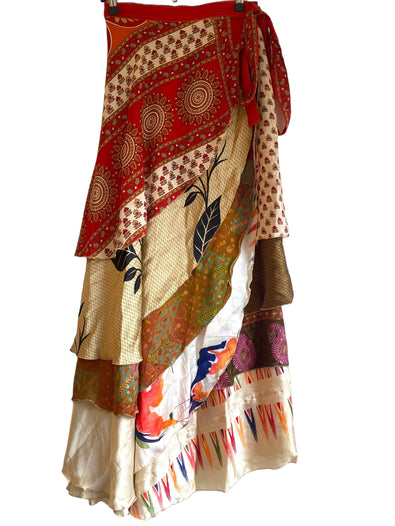 Layered Wrap Skirt, Boho Hippy Festival style, Sari Silk, Maxi long, Retro One size UK 8-18 US 4-14 ECO