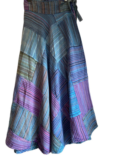 Purple & Blue Long Patchwork Wrap Skirt, Boho Hippy Festival 100% Cotton summer Maxi length UK 8-16